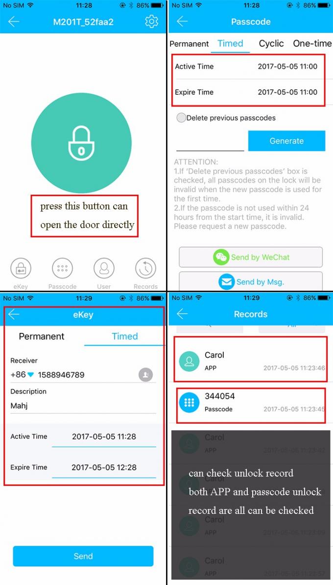Bluetooth 전자 열쇠가 없는 터치스크린 스마트폰 먼 허가 자물쇠