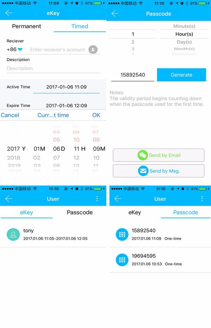 Bluetooth 전자 열쇠가 없는 터치스크린 스마트폰 먼 허가 자물쇠