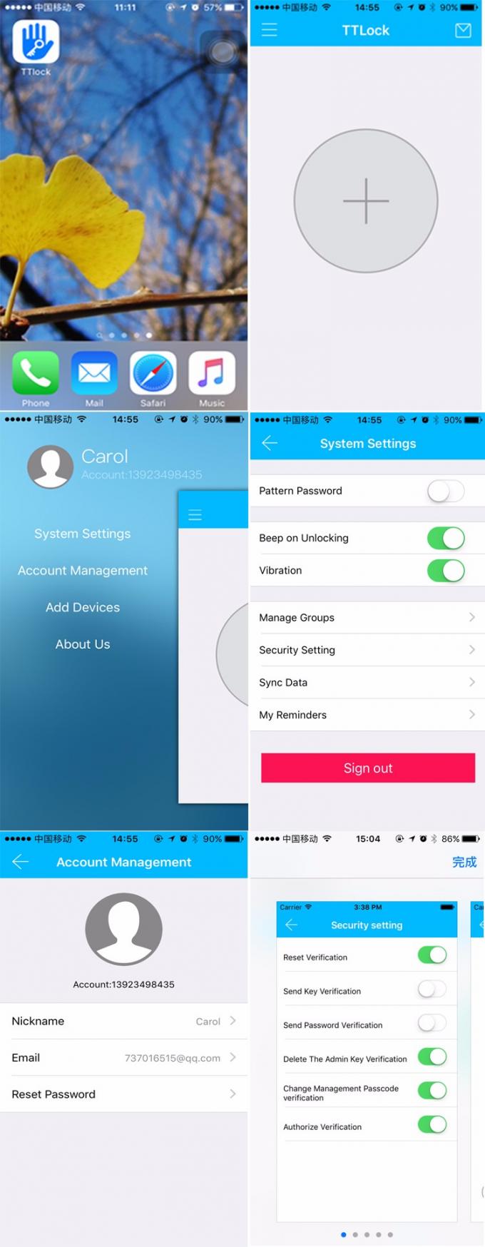 Bluetooth 전자 열쇠가 없는 터치스크린 스마트폰 먼 허가 자물쇠